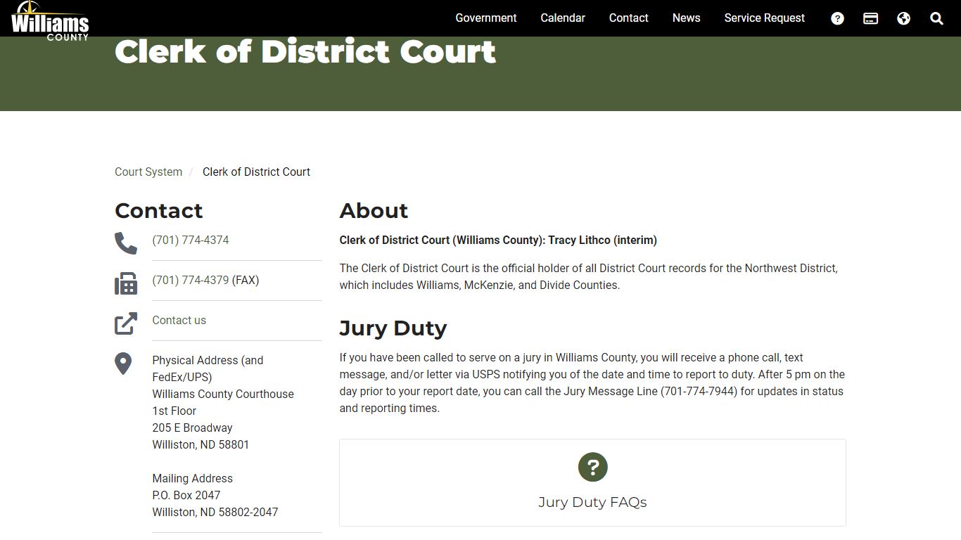 Clerk of District Court - Williams County, ND